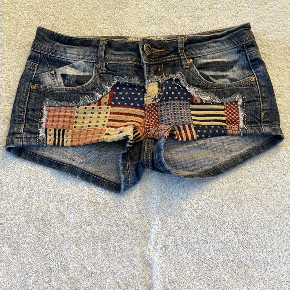 Hot Kiss Blue and Red Jean Shorts with Distressed Hem